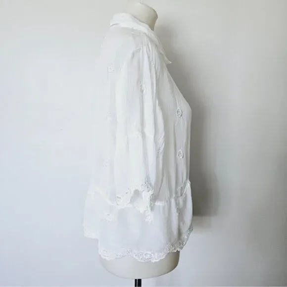 Vintage Johnny Was 90s White Embroidered Semi-Sheer Button Down Size Medium - Picture 6 of 9